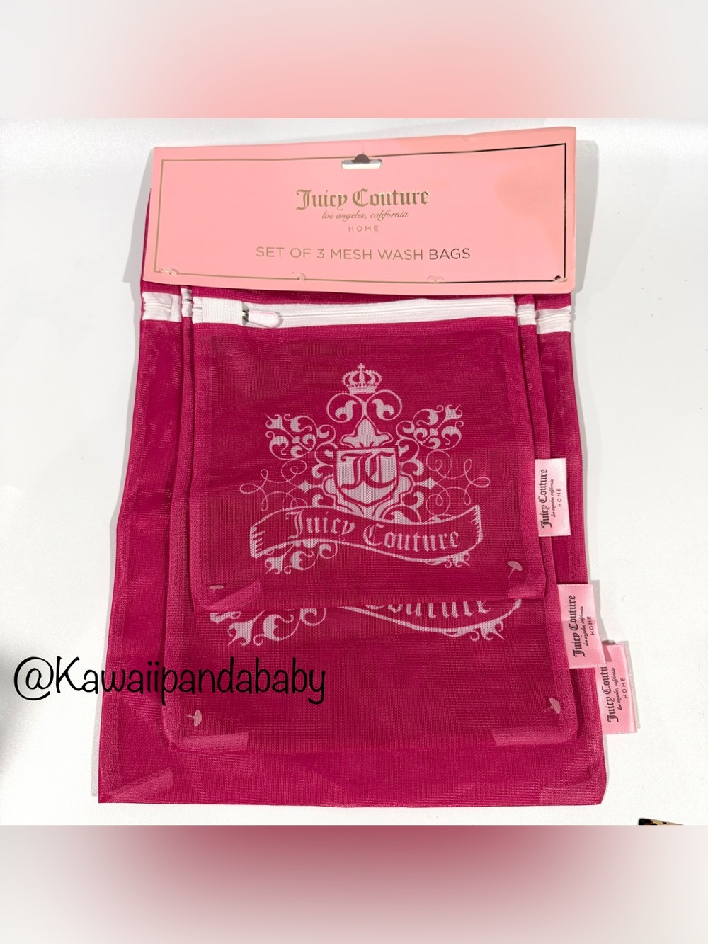 New W Tag Juicy Couture Set of 3 Pink Mesh Cosmetic Laundry Wash Travel Bags